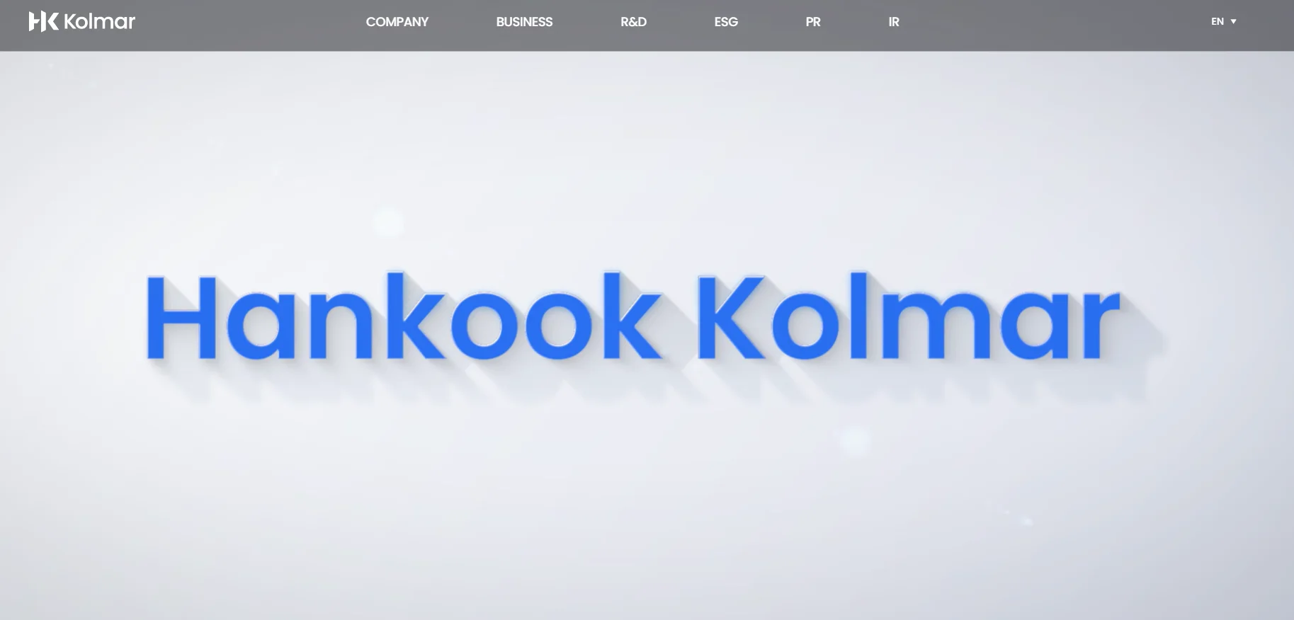 Hankook Kolmar logo and name in blue text on a white background, with a navigation menu at the top showcasing company sections.